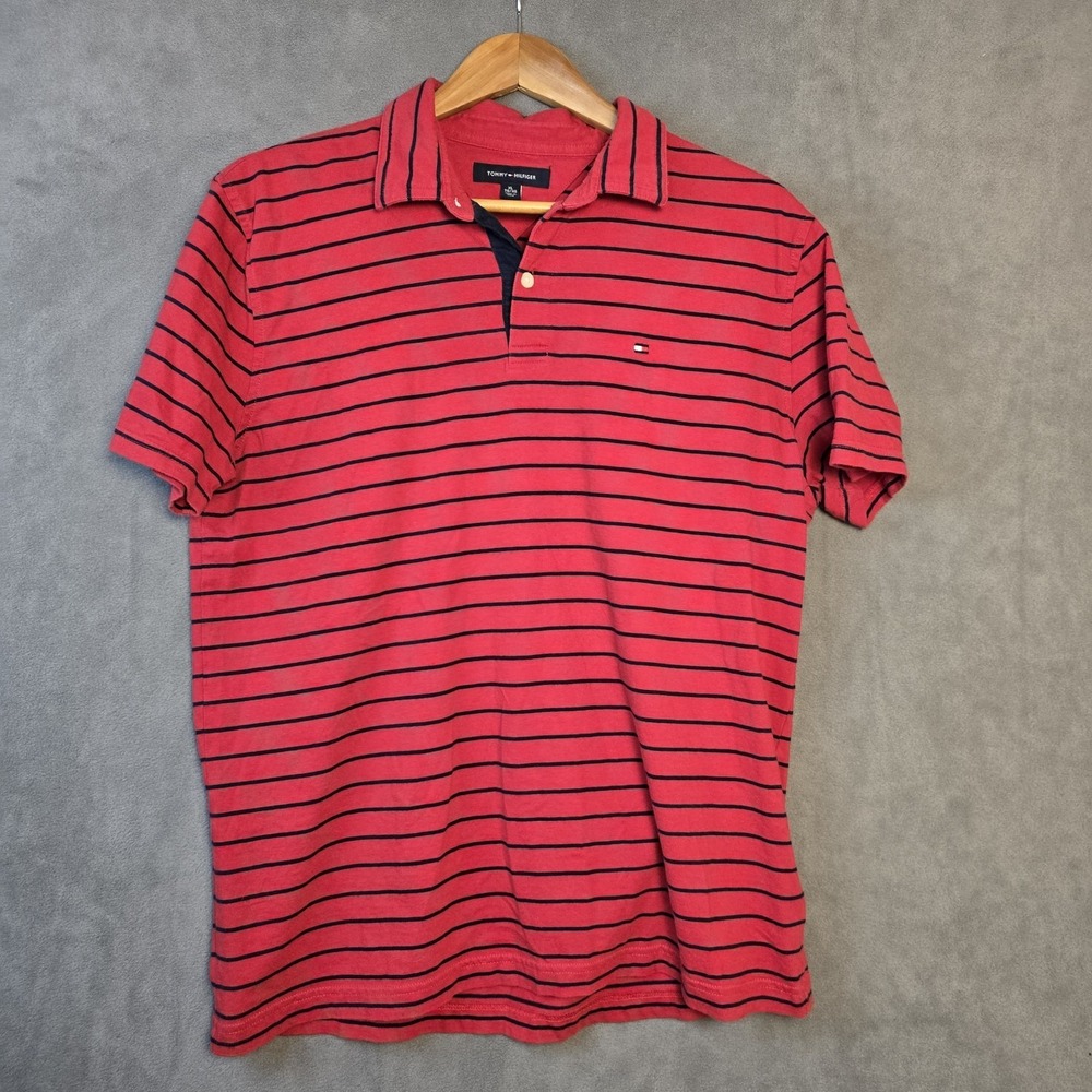 Tommy Hilfiger Striped Logo Polo Shirt Mens Size XL Red Casual Style Fashion Fit